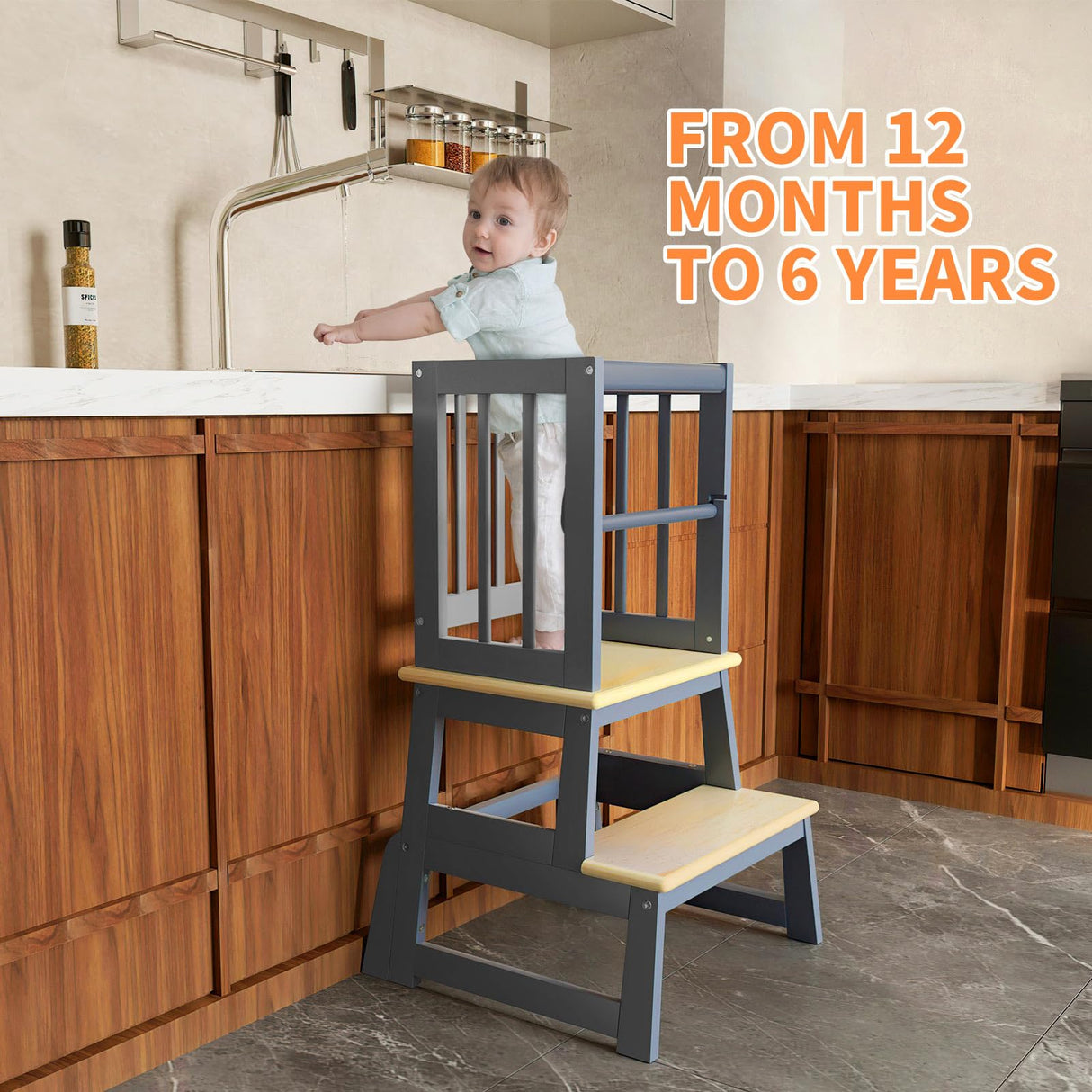 Kids Kitchen Step Stool, Toddler Montessori Learning Standing Tower, Ideal Toddler Kitchen Stool Helper for Bathroom Sink or Kitchen Counter - 2025 Design with 3 Exclusive Upgrades - Gray Mangohood