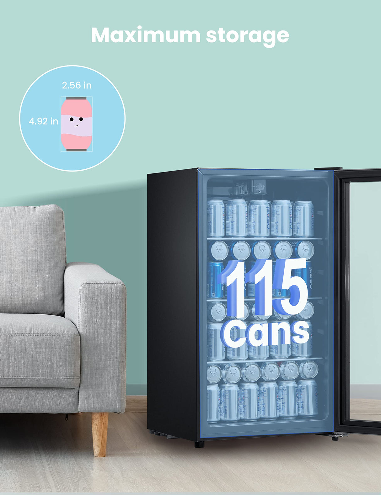 COMFEE' CRV115TAST Cooler, 115 Cans Beverage Refrigerator, Adjustable Thermostat, Glass Door With Stainless Steel Frame, Reversible Hinge Door And Legs For Home, Apartment COMFEE'