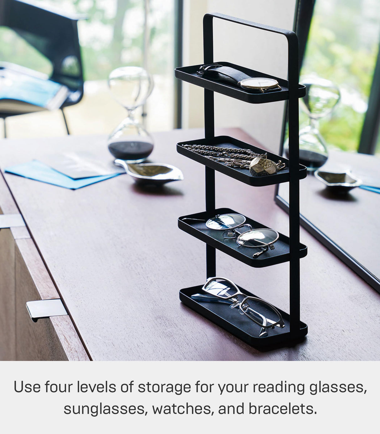 Yamazaki Home Tower 4-Tier Accessory Tray - Jewelry Holder & Storage Organizer - Steel, One Size, Black YAMAZAKI