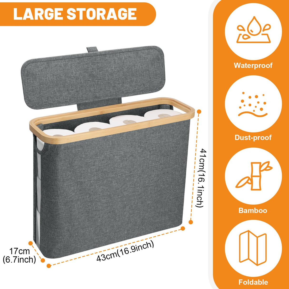 30L Toilet Paper Storage Basket with Lid, Bathroom Toilet Paper Storage Holder for up to 9-12 Rolls, Bamboo Toilet Tissue Storage Bin with Footbase Dntorx