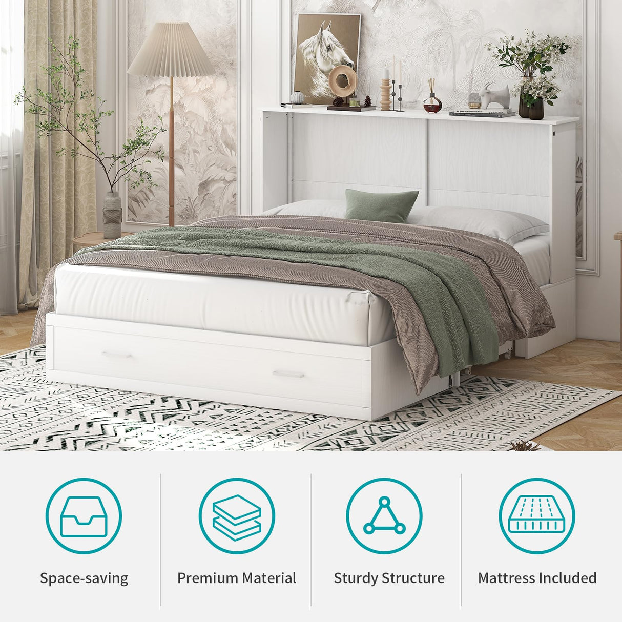 BALUS Murphy Cabinet Bed, Queen Murphy Bed with Charging Station, Tri-fold Memory Mattress, Storage Drawers, Space-Saving Wooden Folding Cube Chest Wall Beds for Living Room and Apartments White BALUS