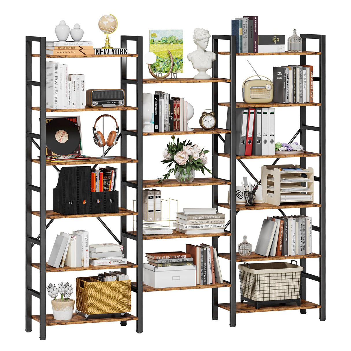 IRONCK Bookshelves 6 Tiers Triple Wide Industrial Bookshelf, Large Etagere Bookshelf Open Display Shelves with Metal Frame for Living Room Bedroom Home Office IRONCK