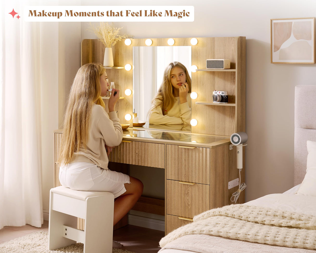 AMERLIFE 47.2" Fluted Vanity Desk with Mirror and Adjustable LED Lights, Large 7 Drawers Makeup Table with Glass Top and Charging Station for Women and Girls, Bedroom or Dorm, Natural Oak AMERLIFE