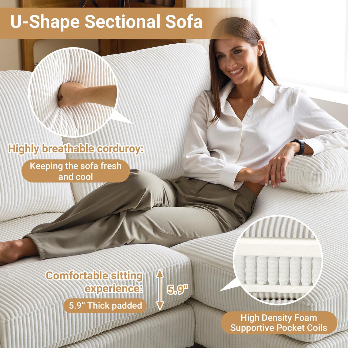 VINGLI 110' U Shaped Comfy Sectional Couch, Double Chaise Sofa in Corduroy Fabric for Apartment, 4-Seater Upholstered Couch with Memory Foam, Modern Couches for Living Room, Small Space, Beige VINGLI