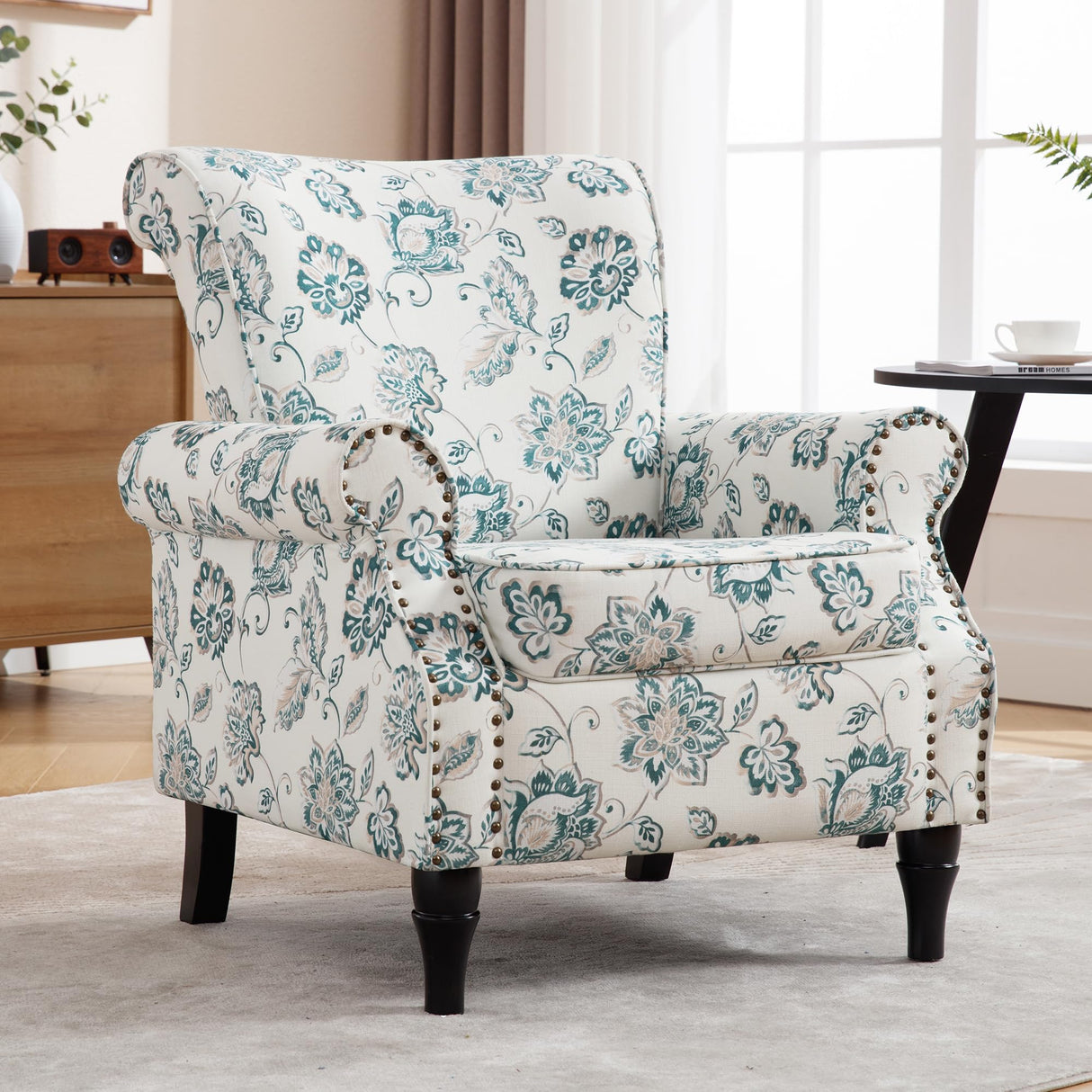 HCHAIRH Floral Wingback Accent Chairs Set of 2 with Removable Cushion Comfy Upholstered Armchair with Nailhead Trim and Wood Legs Reading Chair for Living Room, Bedroom, Green HCHAIRH