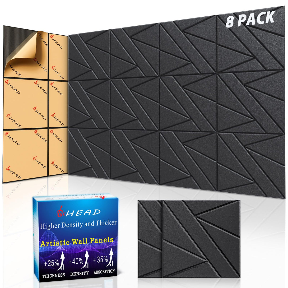 8 Pack Self-Adhesive Soundproof Wall Panels, 12 x 12 x 0.47 In Sound Proof Foam Panels for Walls, 1.2lb/ft³ High Density, Thicker 0.47in, Acoustic Panels, Noise Dampening Panels Studio Black BSHEAD