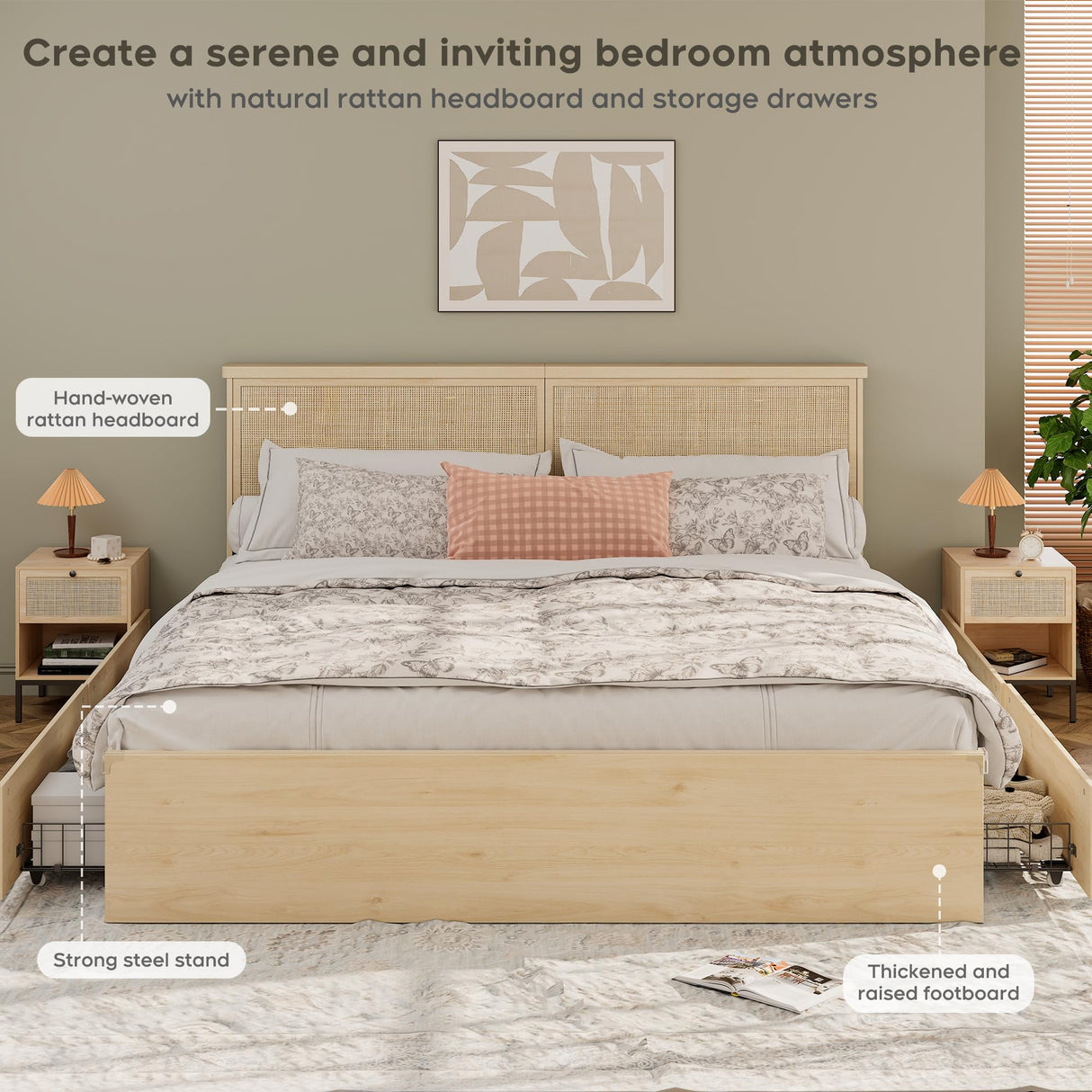 Yechen King Bed Frame with Natural Rattan Headboard and Wooden 4 Storage Drawers, Light Oak Metal Platform Bedframe with Strong Wooden Slats Support, Boho Cane Wood Bed, No Box Spring Needed Yechen