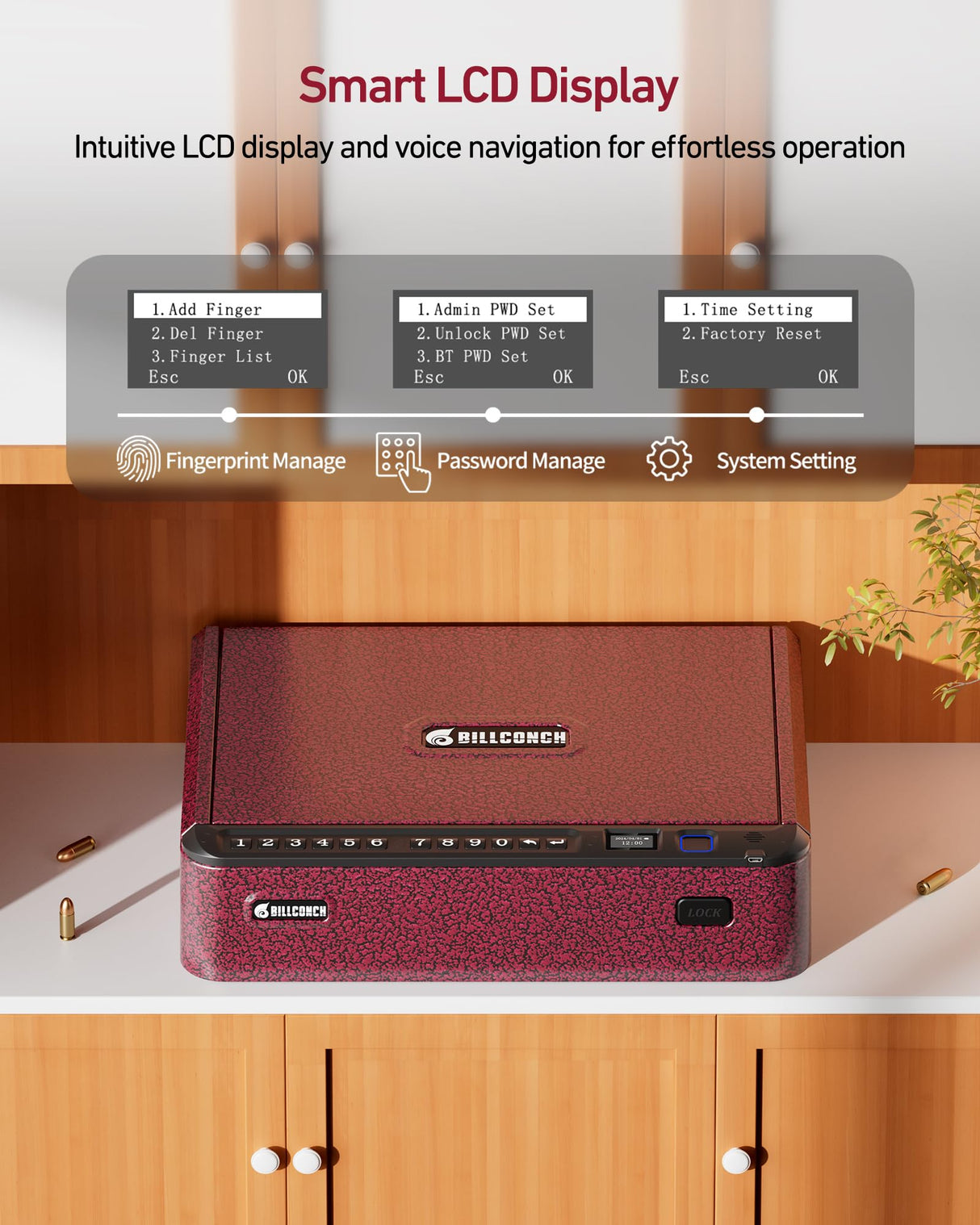 BILLCONCH Smart Gun Safe with Security Cable - Biometric Gun Safe for Handgun 4 Ways Quick Access with Fingerprint/Keypad/Key/APP Lock for Bedside Home Car with LCD/Voice Guide - Burgundy Red BILLCONCH