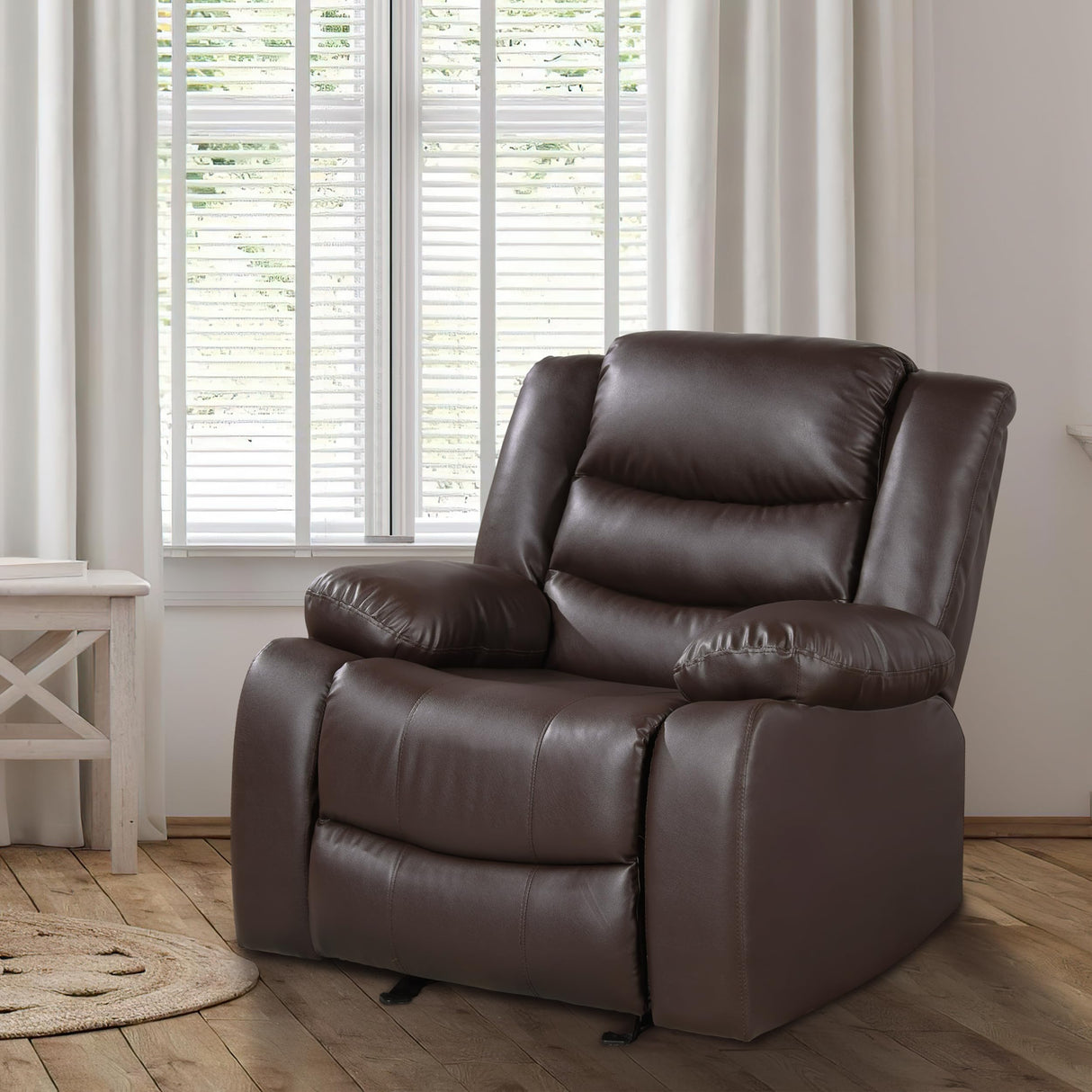 Prilinex Brown Rocker Recliner Chair - Oversized Leather Lazy Boy Recliner Chair with Overstuffed Armrest, Faux Leather Manual Reclining Chair for Living Room, Bedroom, Home Theater Prilinex