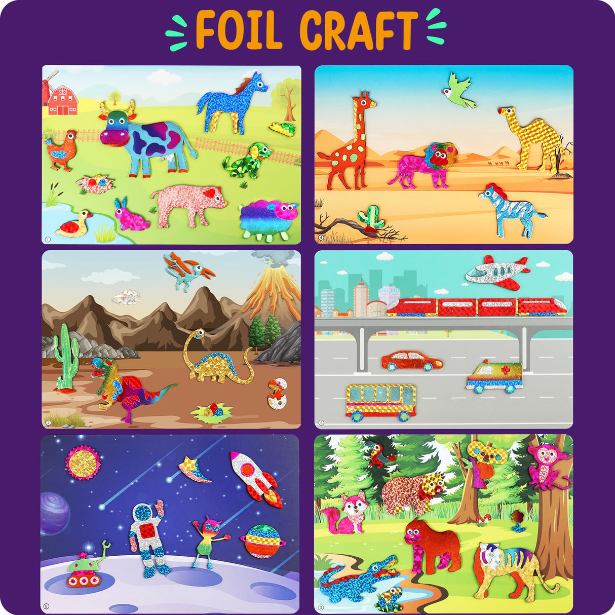 Alritz Arts and Crafts,Foil Crafts Fun Kit, Art Kit Toys for Kids Animals Space Cars, Foil Stickers Supplies,Travel Toys DIY Christmas Gifts for Girls Boys 4 5 6 7 8 9 10 11+ Years Old (6 Theme) Alritz