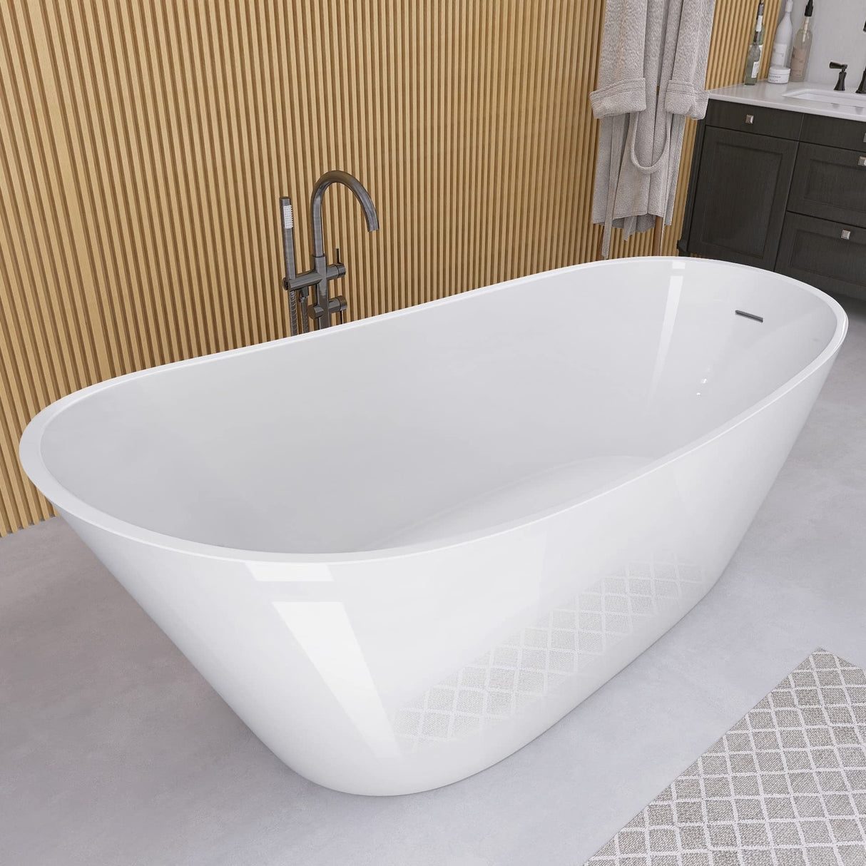 GETPRO Free Standing Tub 59" Acrylic Freestanding Bathtub, Adjustable Soaking Bath Tub Oval Shape with Integrated Slotted Overflow and Chrome Anti-clogging Drain Glossy White GETPRO