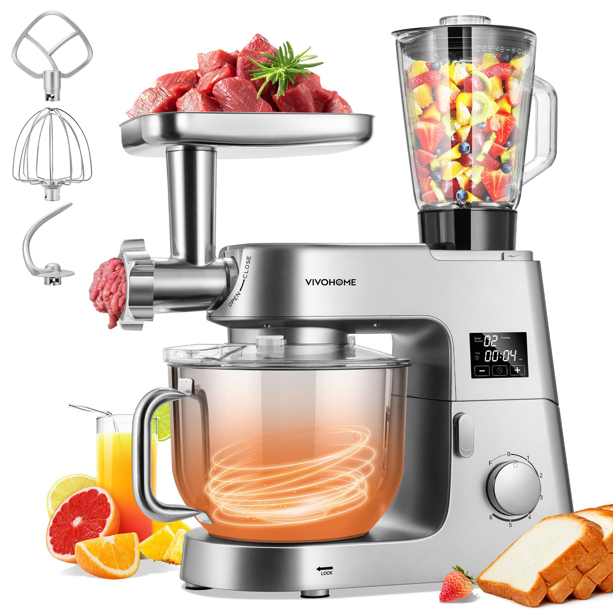 VIVOHOME 9 in 1 Multifunctional Stand Mixer with Fermentation, 6 Speed 7.5 Quart Kitchen Electric Food Mixer with Timer, Meat Grinder, Juice Blender, Vegetable Slicer, Pasta and Cookie Maker, Silver VIVOHOME