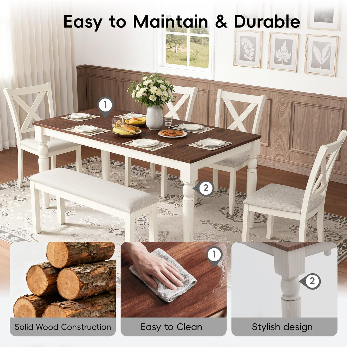 HOPETANA 6-Piece Dining Room Set - Rectangular Solid Elm Wood Table with Bench & Upholstered Chairs, White/Brown HOPETANA