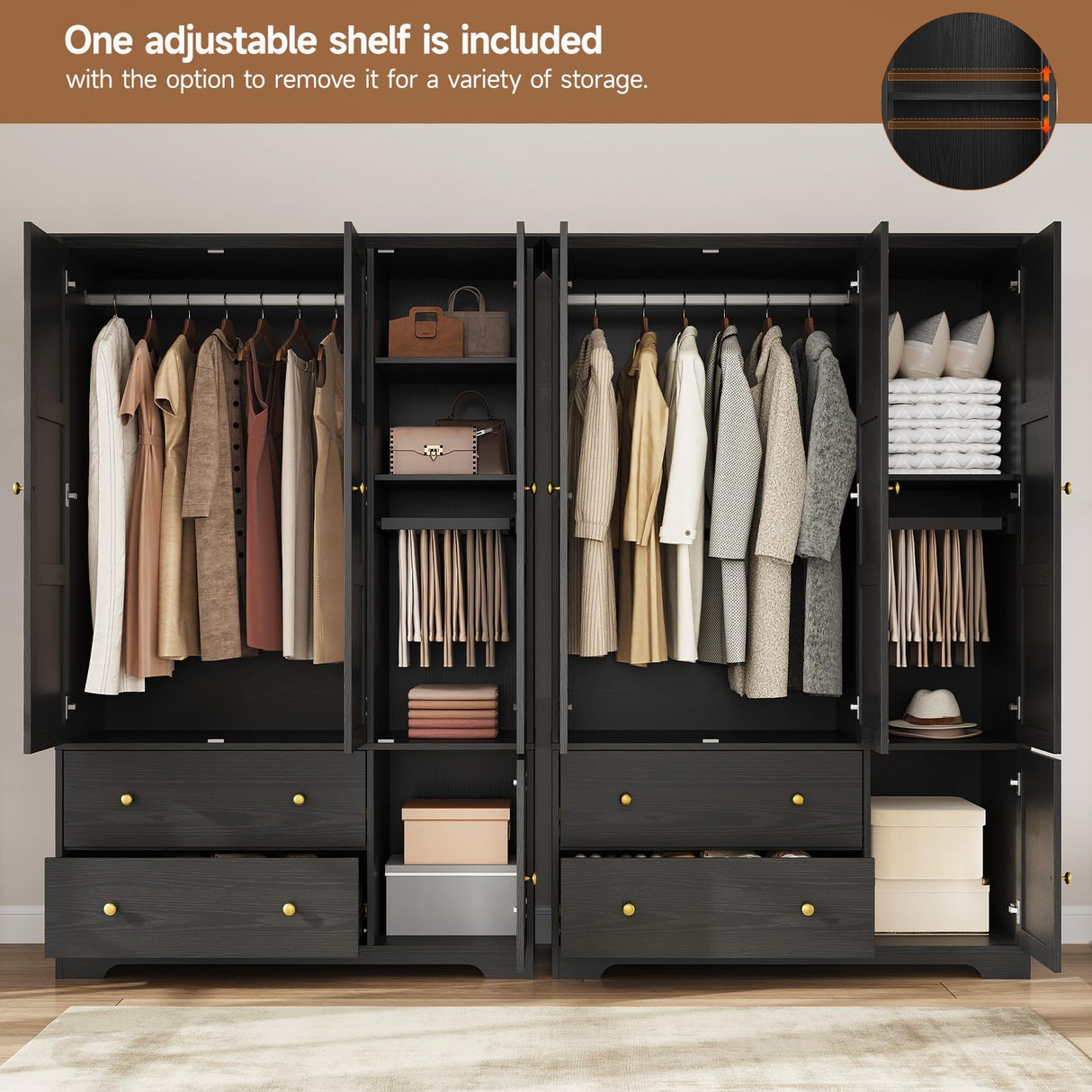 ONBRILL 3 Doors Wooden Wardrobe Closet Armoire with Pull Out Pants Rack, Bedroom Large Capacity Armoire with Drawers and Shelves, Storage Cabinet for Hanging Clothes, Black ONBRILL
