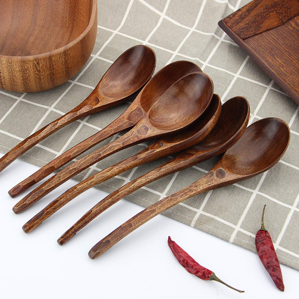 Soup Spoons,AOOSY Wooden Soup Spoons, 6 Pieces 7.84 inches Japanese Ramen Spoons Round Nanmu Wood Long Handle Rice Dessert Cooking Tasting Dinner Table Spoon for Kitchen Restaurant AOOSY