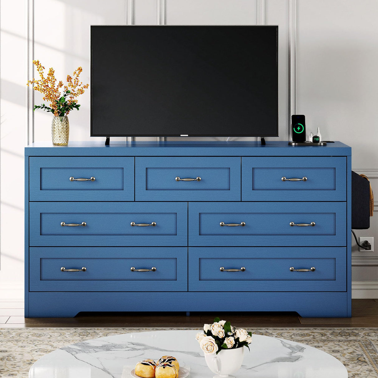 DWVO Farmhouse 7 Drawer Dresser for Bedroom, 59" Wide Large Modern Dresser TV Stand with Drawers & Bar Handles, Storage Dressers with Power Outlets, Rustic Wood Chest of Drawers, Blue Upgraged DWVO