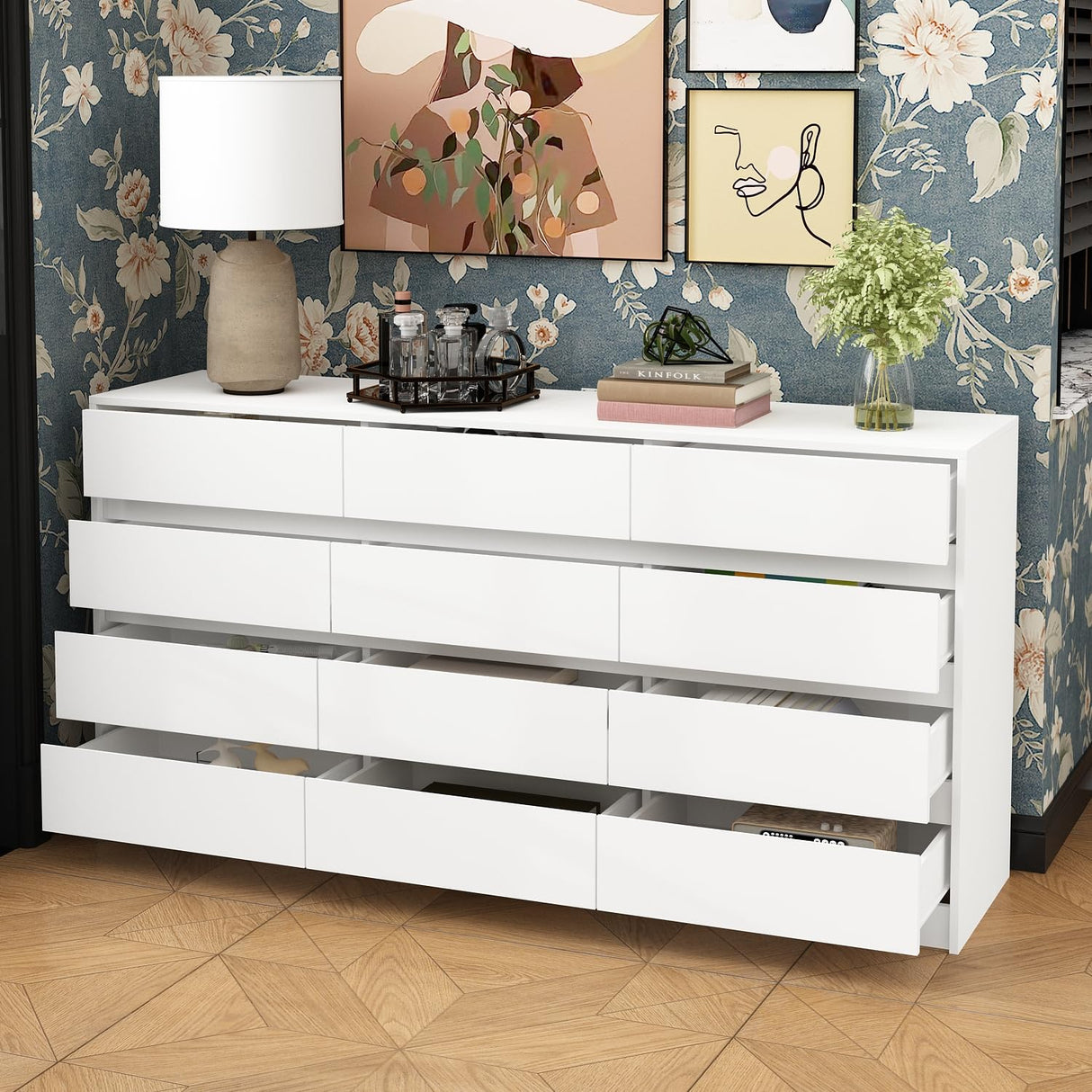 FAMAPY Chest of Drawers White 12 Drawer Dresser No Handle, Modern Contemporary 12-Drawer Cabinet Dresser for Bedroom (63" W x 15.7" D x 31.9" H) FAMAPY