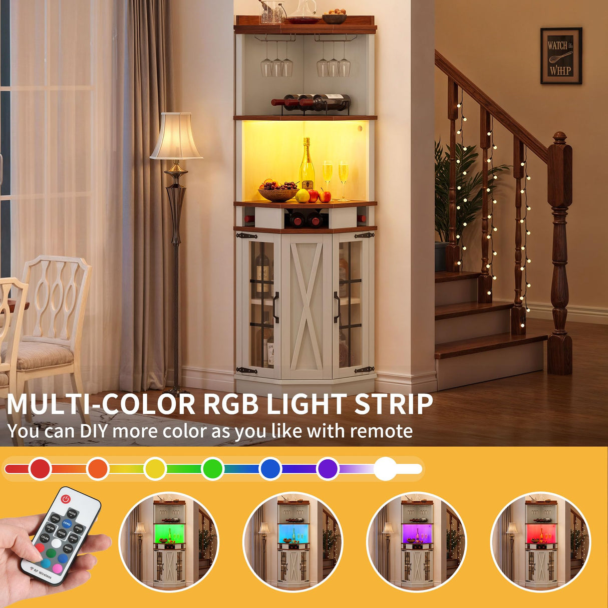 DWVO Corner Bar Cabinet with Glass Door & LED Lights, 72" Tall Farmhouse Liquor Cabinet Bar with Glass & Wine Holder, 6-Tiers Alcohol Cabinet for Dining Room, Living Room, Kitchen,White DWVO