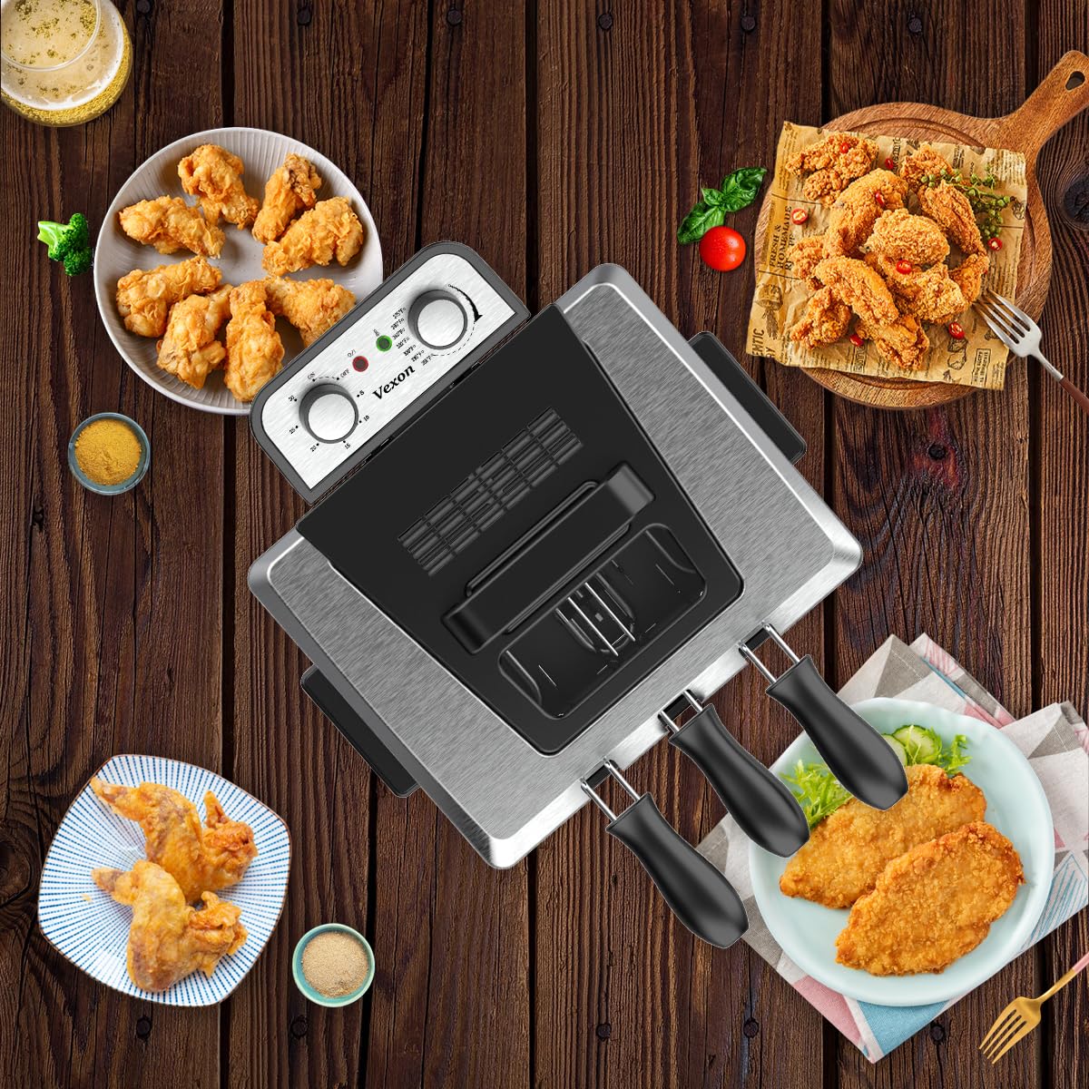 1800W 5 Liters/21 Cups Large Electric Deep Fryer with 3 Frying Baskets for Home Use, Adjustable Temperature,View Window Lid,Countertop Stainless Steel Body Deep Fryer Pot,Perfect for Kitchen, Fry Fish Vexon