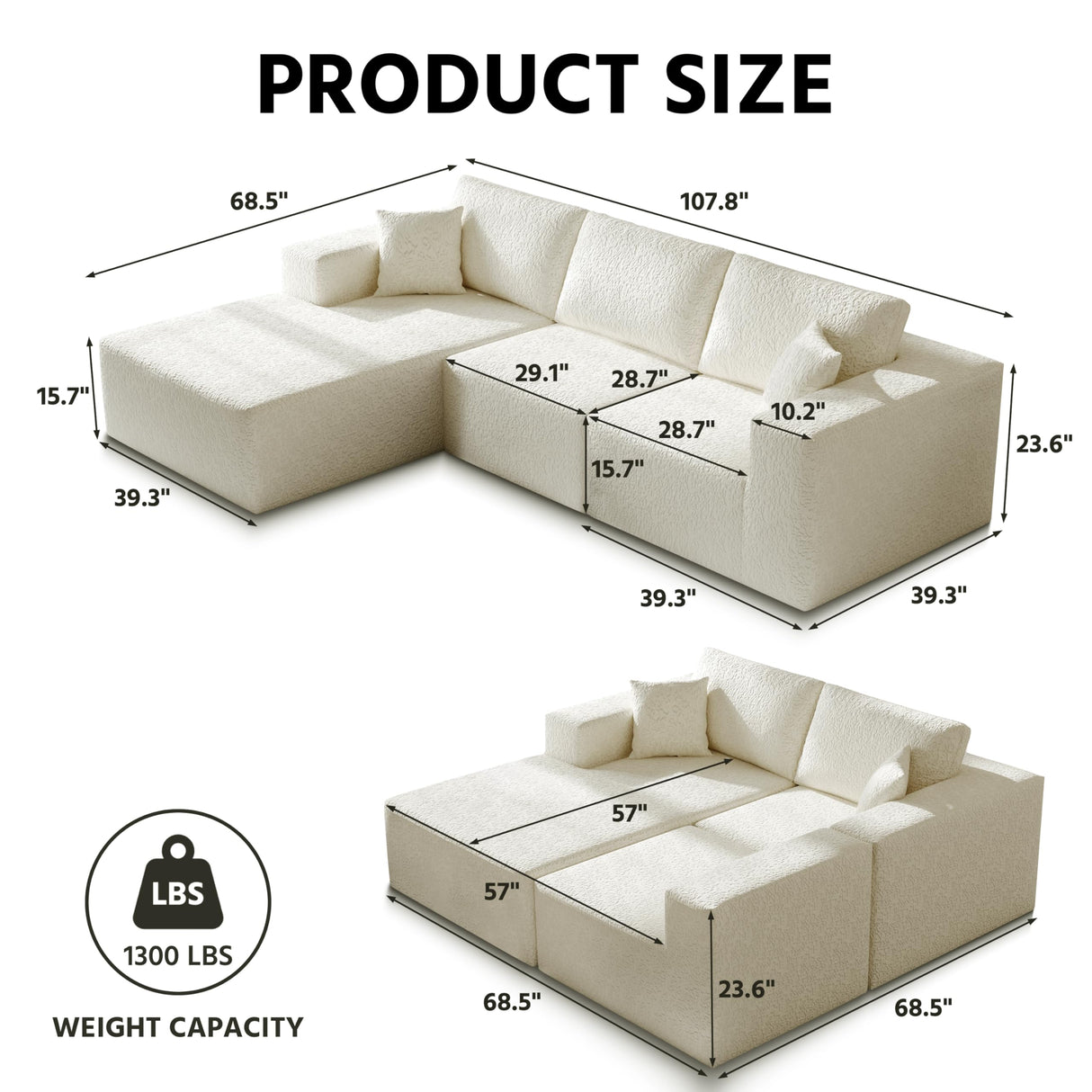 108" Cloud Modular Sectional Couch with L-Shape Chaise, Modern Sectional Sofa with Deep Seat Couch, Ultra Soft Knit Fabric Couches for Living Room, No Assembly Required, Left Facing Chaise (Beige) YVDNHP
