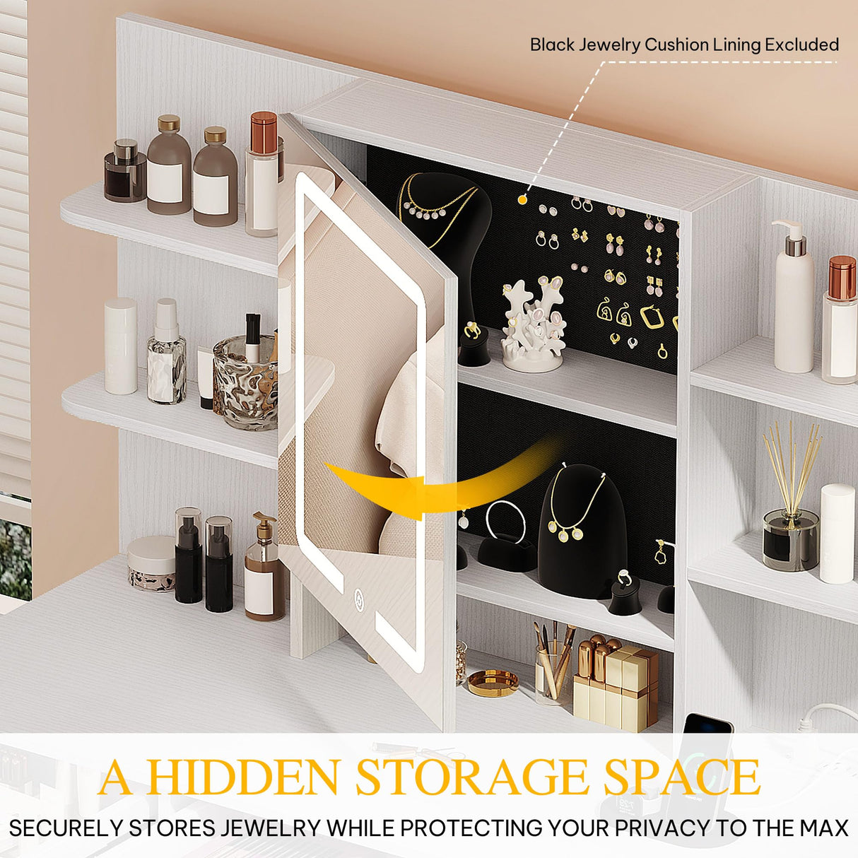 YITAHOME Vanity Desk with LED Lights Mirror & Power Outlets, Makeup Table Set with 3 Adjustable Lighting Modes, Open Shelves and Hidden Storage, Stool, Hooks and Hair Dryer Holder for Bedroom, White YITAHOME