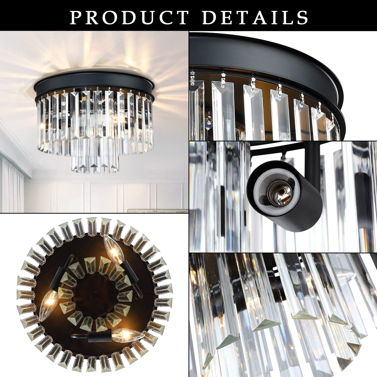 Crystal Flush Mount Ceiling Light Black Finish,2-Tier Crystal Close to Ceiling Light Fixture for Living Room Bedroom Dinning Room Hallway MEXO