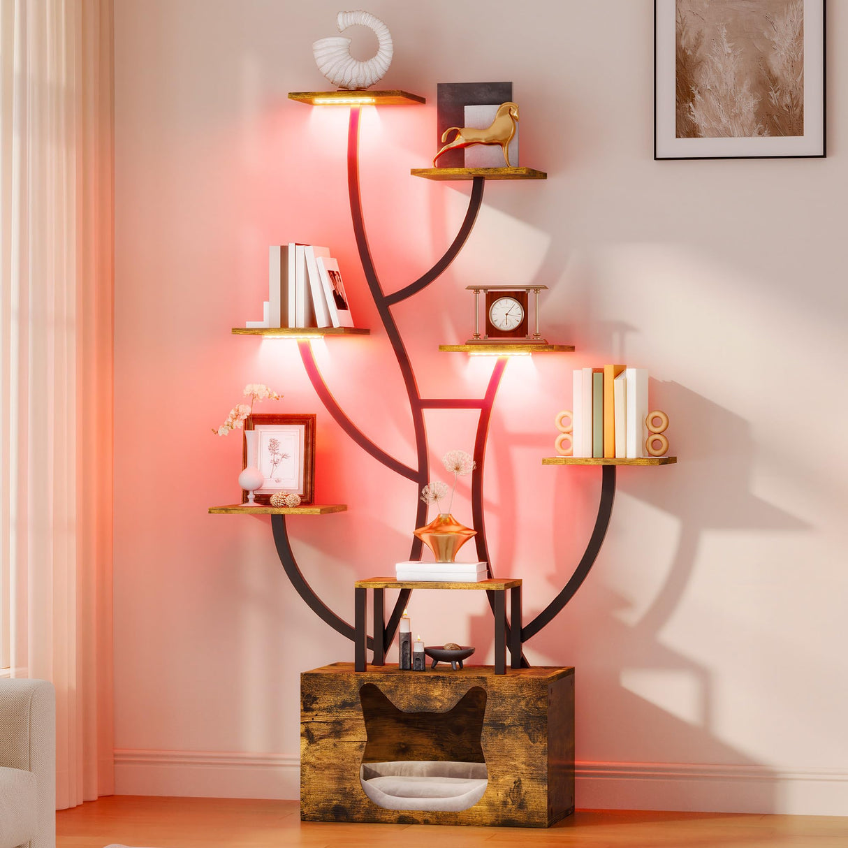 YITAHOME Tall Bookshelf with LED Light, Artistically Designed Tree Bookshelf with Cats Litter Box, 8-Tier Unique Bookshelves Corner Display Shelf for Home Office, Bedroom YITAHOME