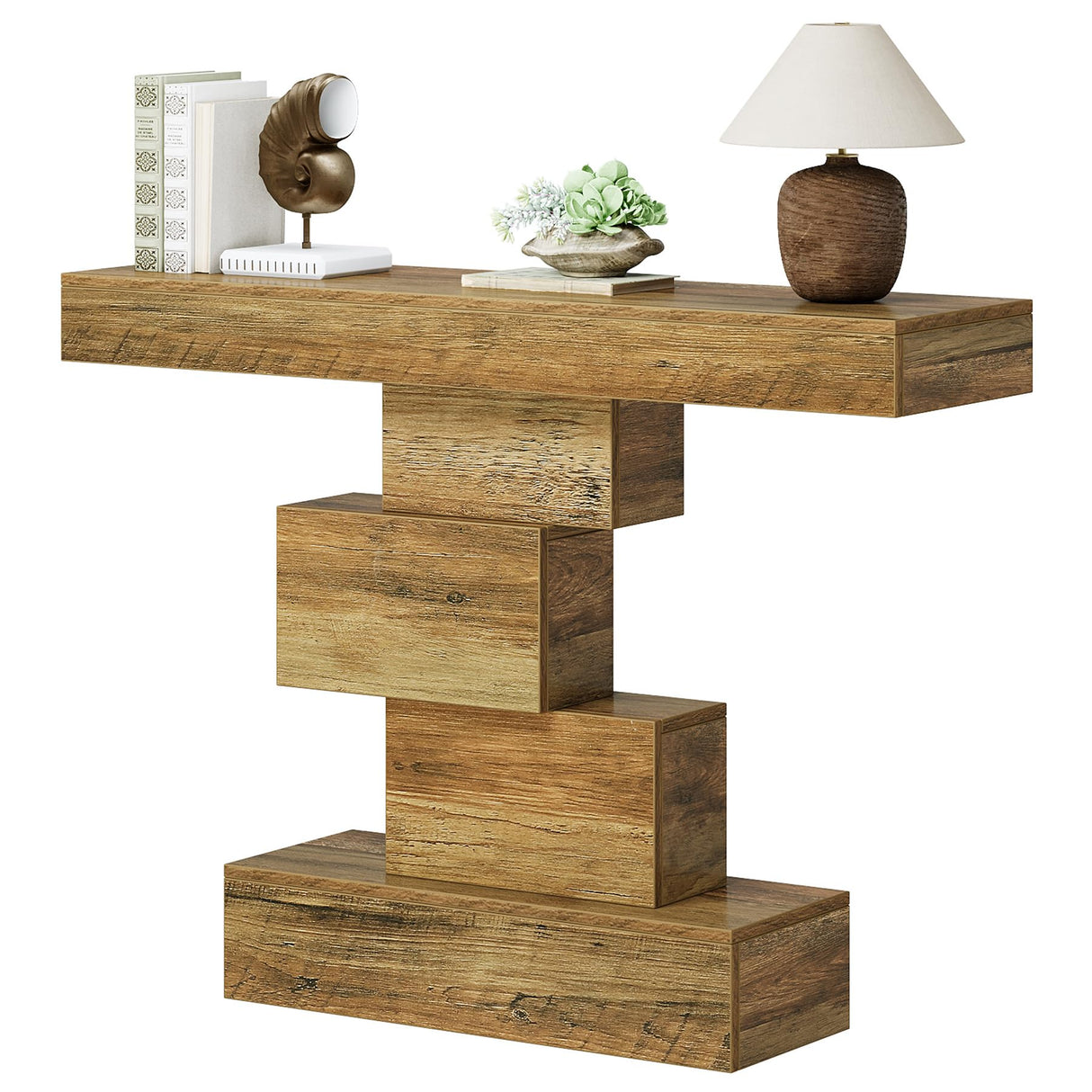 Tribesigns 42.5" Farmhouse Console Table, Narrow Wood Sofa Table Behind Couch with Geometric Base, Industrial Entryway Accent Table for Living Room, Hallway, Entrance (Light Brown) Tribesigns