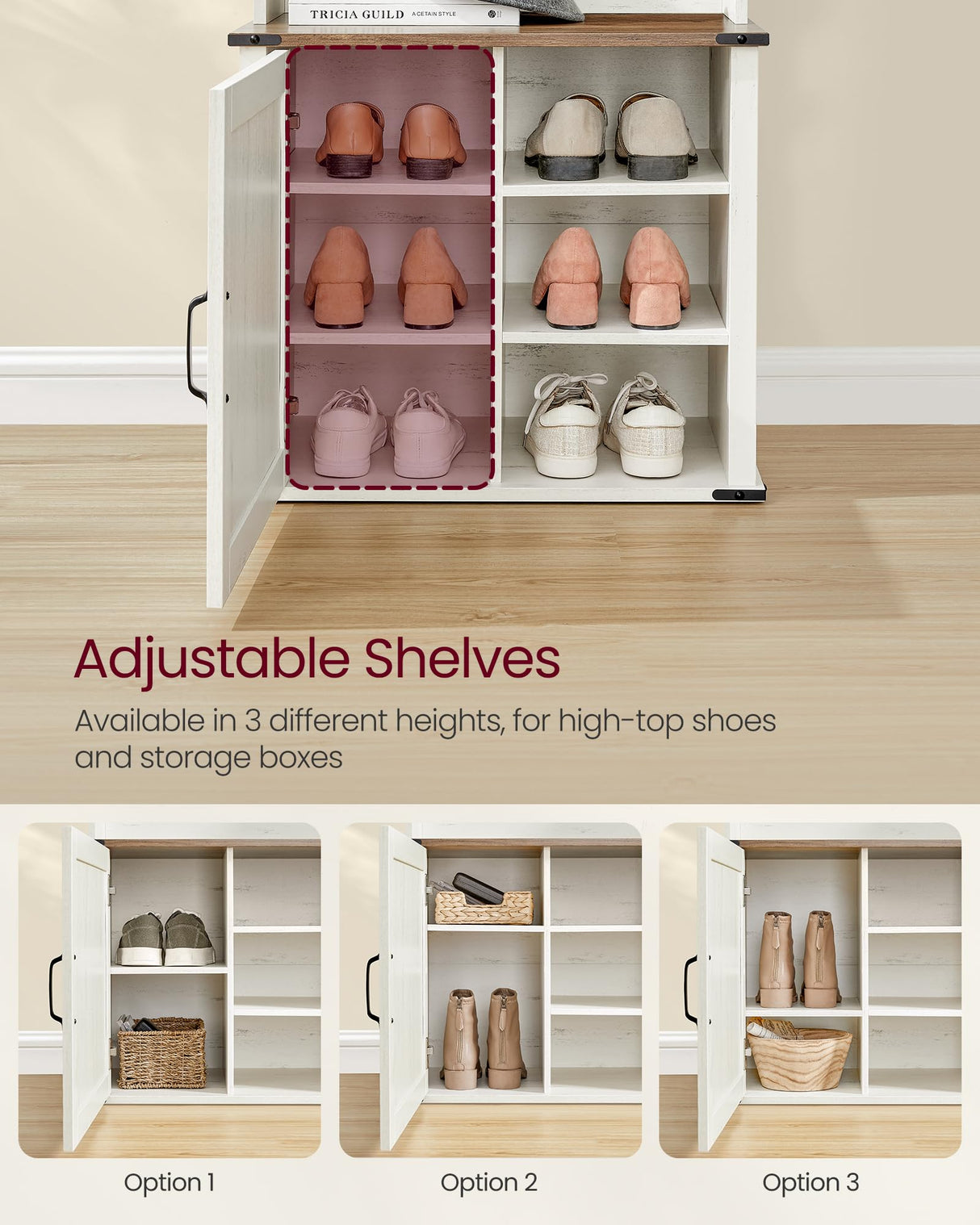 VASAGLE Hall Tree with Bench and Shoe Storage, Coat Rack with Shoe Bench, Entryway Furniture, 3 Tri-Hooks, Door with Handle, Farmfouse Style, Space Saving, Rustic White and Honey Brown UHSR441W01 VASAGLE