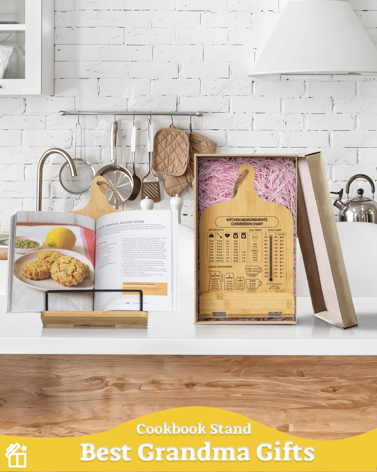 IKEDAS Bamboo Cookbook Stand, Sturdy Cook Book Holder, Recipe Book Holder with Measurement Conversion Chart, Cookbook Stand for Kitchen Counters, Essential Accessories for Holding Cookbooks ikedas