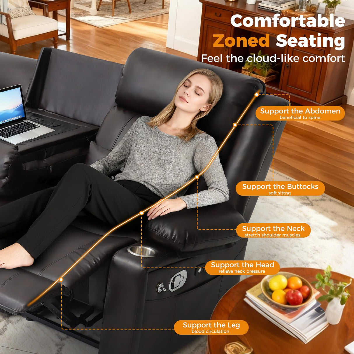 SENYUN 3-Seater Recliner Sofa, Flip Middle Backrest Manual Reclining Couch with Storage Drawer, Phone Holder and USB A&C Ports, Loveseat Recliner for Home Theater,Living Room,RV(Leather,Brown) SENYUN