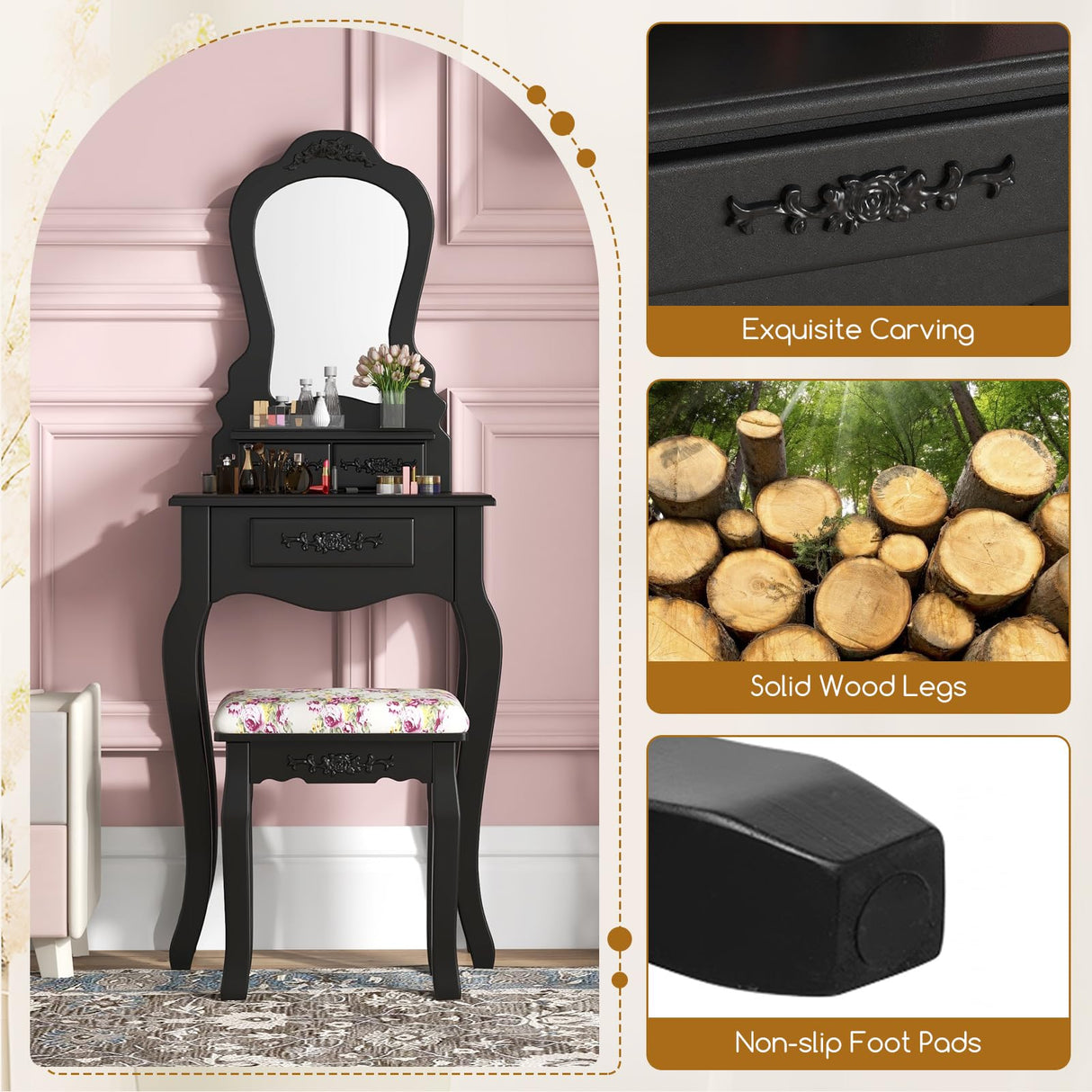 Giantex Small Vanity Desk Set, Black Makeup Vanity Table with Mirror, Cushioned Stool, 3 Storage Drawers, 20 inch Girls Dressing Table for Small Space Bedroom Giantex