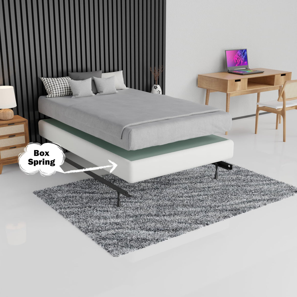 Greaton, 8-Inch Sturdy Box Spring for Mattress Support-Durable and Easy to Assemble Natural Wood Foundation for Full, White Greaton