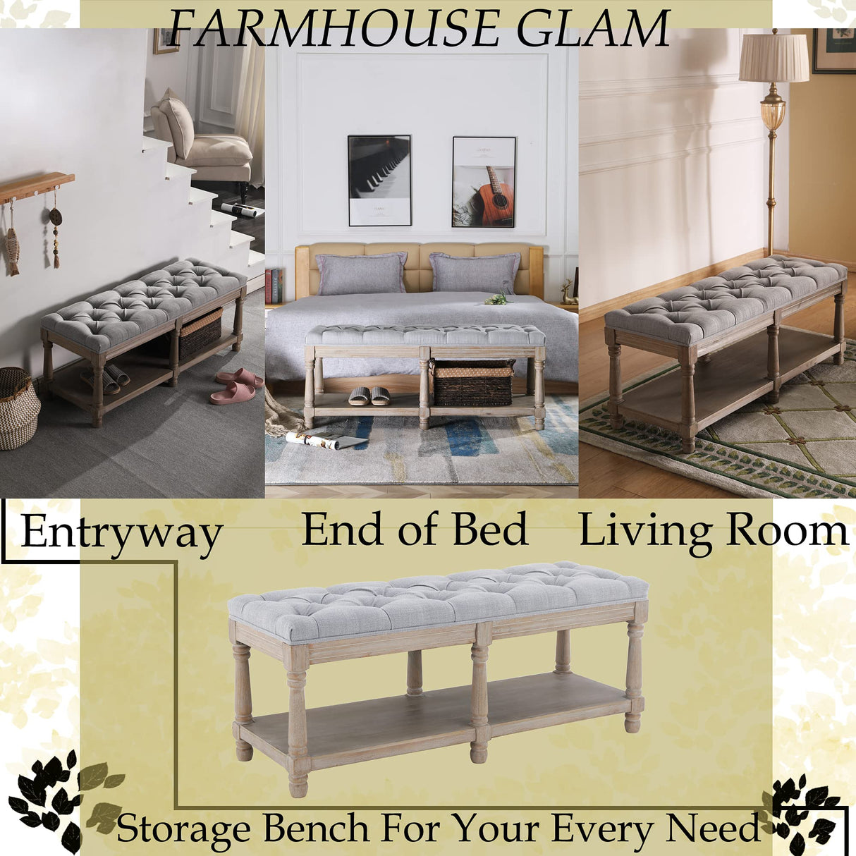 Janoray Farmhouse Storage Bench Wooden Entryway Upholstered Tufted Ottoman Bench for Bedroom End of Bed Hallway Organizer, Grey Janoray