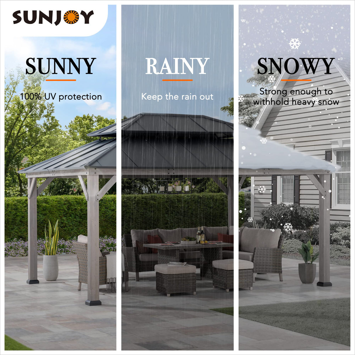 Sunjoy 12 x 16 ft. Wood Gazebo, Outdoor Patio Hardtop Gazebo, Standard Cedar Framed Wooden Gazebo with 2-Tier Metal Roof, Suitable for Patios, Lawn and Backyard, Matte Black Roof + Gray Wood Frame Sunjoy