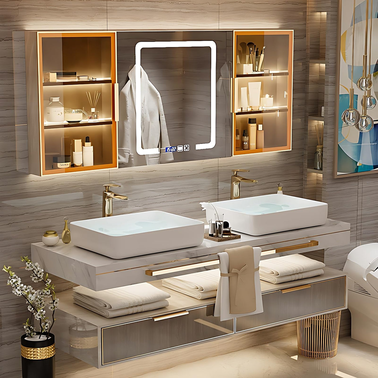 ZGNBSD Double Bathroom Vanity with Sink - Floating Bathroom Vanity Contains Smart Defog Mirror Cabinet, Solid Wood Bathroom Vanity with Drawer, Wall Mounted (Double Sink 60") ZGNBSD