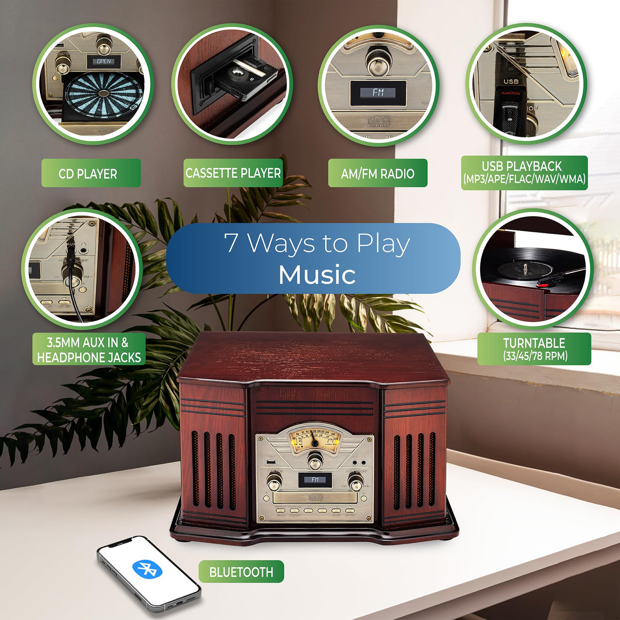 ClearClick All-in-One Turntable with 3-Speed Record Player, Bluetooth, CD, Cassette Tape, AM/FM Radio, Aux, USB, Built-in Speakers, Handmade Wooden Exterior ClearClick
