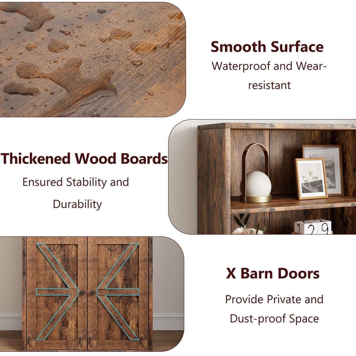 Garveehome Farmhouse Bookcase with Doors 11.8in Depth Display Storage Shelves 71.4in Tall Industrial Bookshelf Wooden 6 Shelf Bookshelves for Bedroom, Living Room, Home Office (Brown) GarveeHome