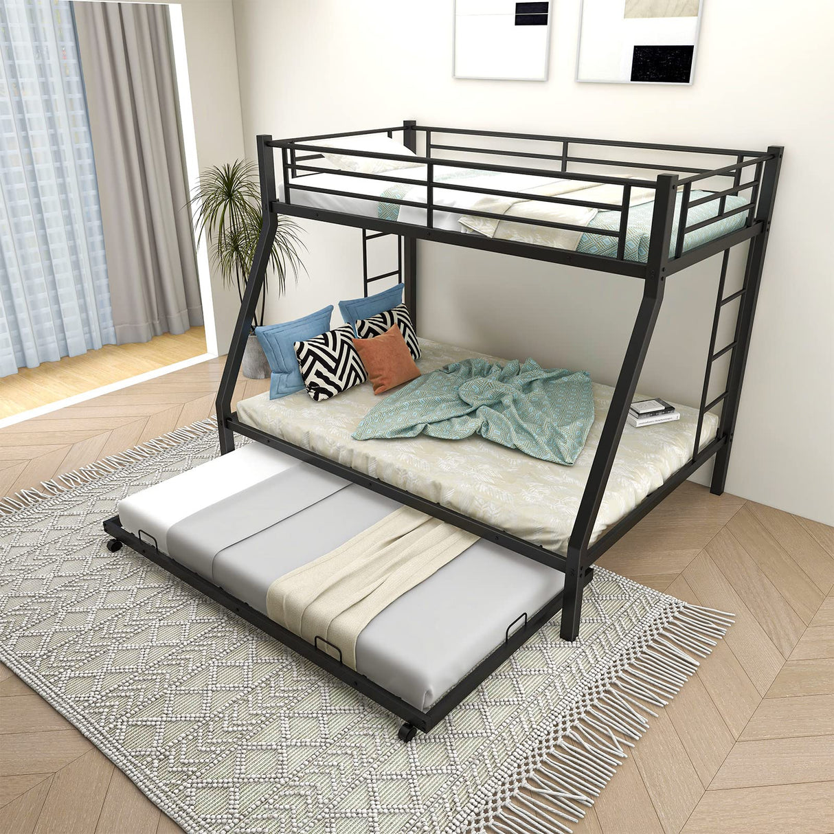 Giantex Twin Over Full Bunk Bed with Trundle, Heavy-Duty Metal Triple Bunk Beds w/Two Side Ladders & Safety Guard Rail, 3 in 1 Bunk Beds for Kids Teens, No Box Spring Needed, Black Giantex