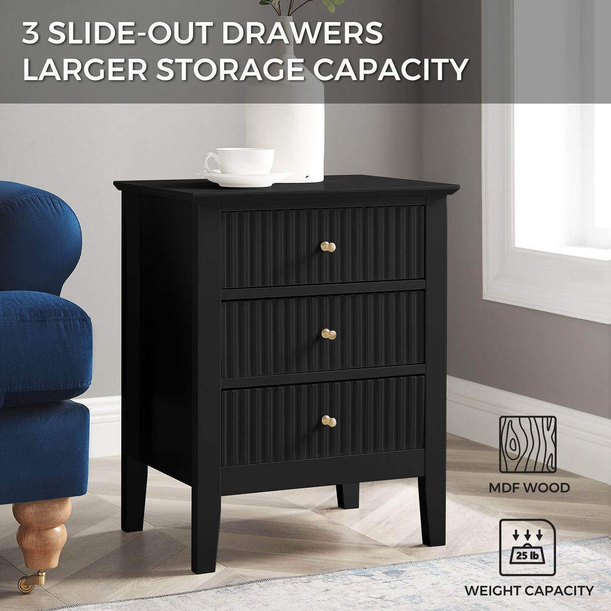 OCANDO Fluted Black Nightstand 19", 3 Drawers Night Stand, Bed Side End Table for Small Living Room, Modern Bedroom Storage Cabinet OCANDO