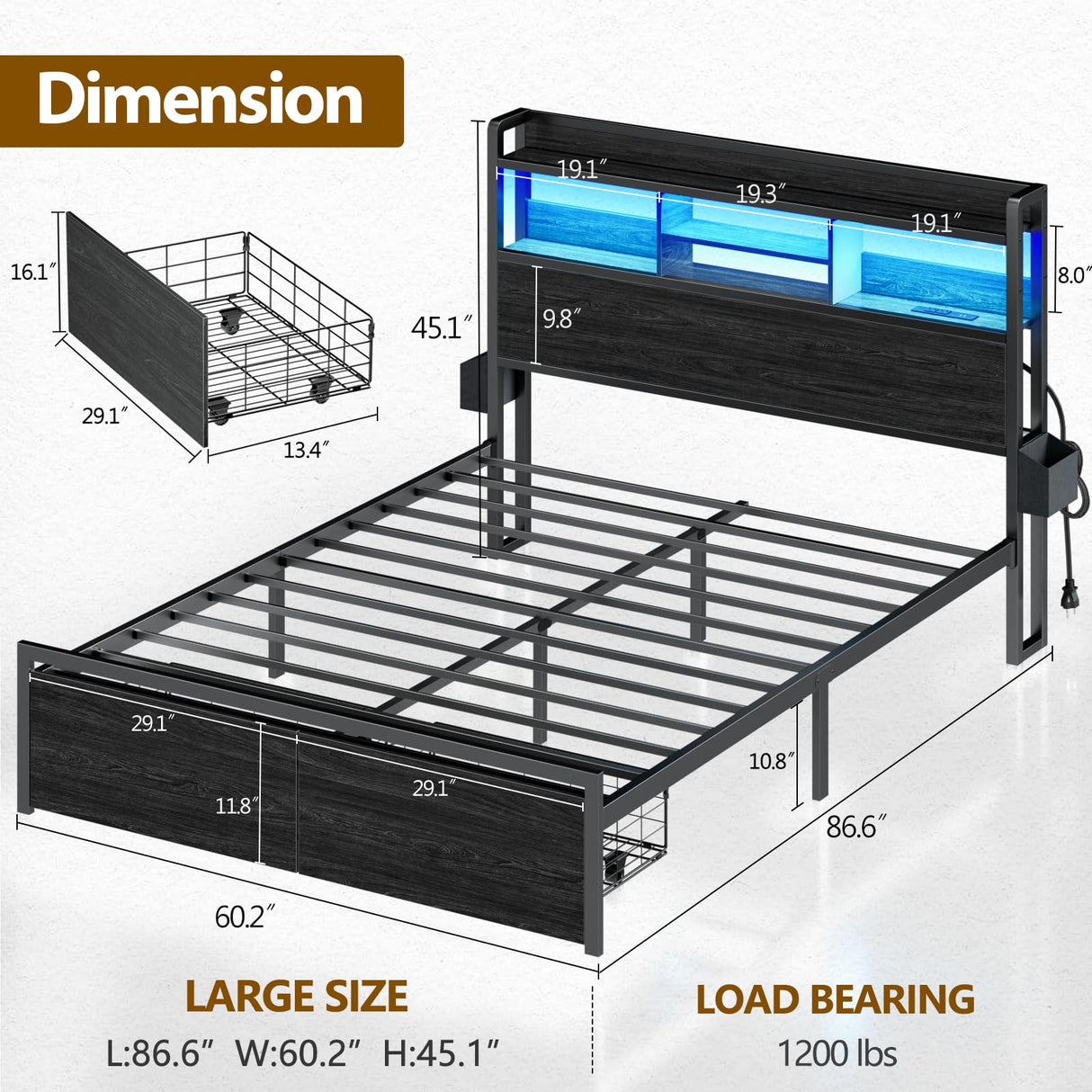 Furnulem Queen Bed Frame with Wood Headboard, Storage Drawers, LED Lights and Charging Station - Black Furnulem