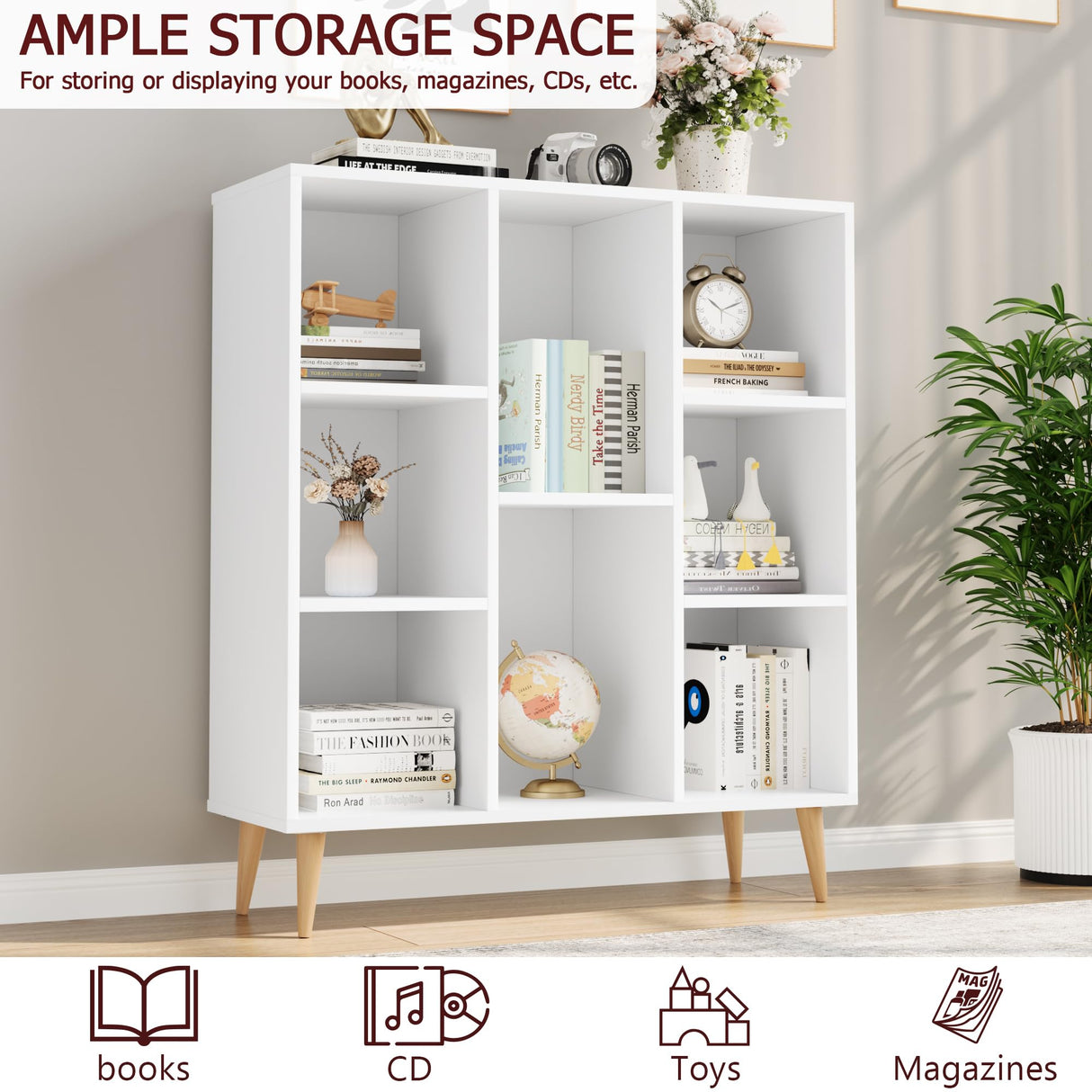 FACBOTALL Modern Minimalist White Bookshelf with 8 Cube Open Shelves for Stylish Storage FACBOTALL