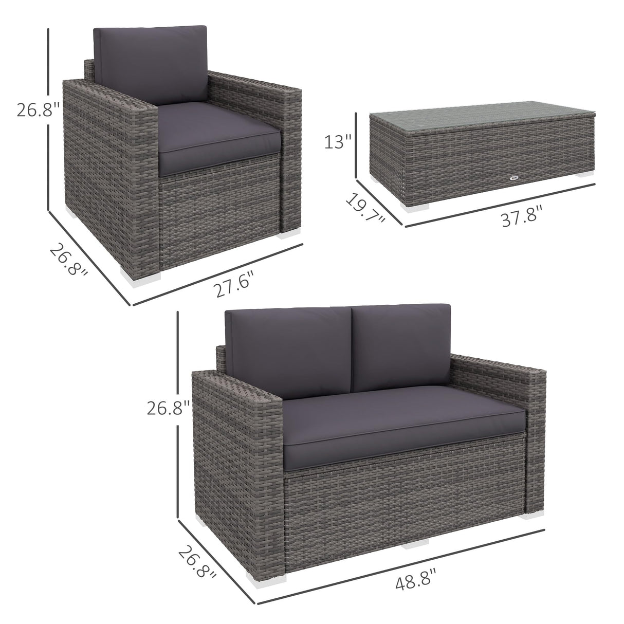 Outsunny 4 Piece Wicker Patio Furniture Set with Cushions, Outdoor Sectional Furniture with 2 Sofa, Loveseat, and Glass Top Coffee Table, Conversation Sofa Sets for Garden, Gray Outsunny