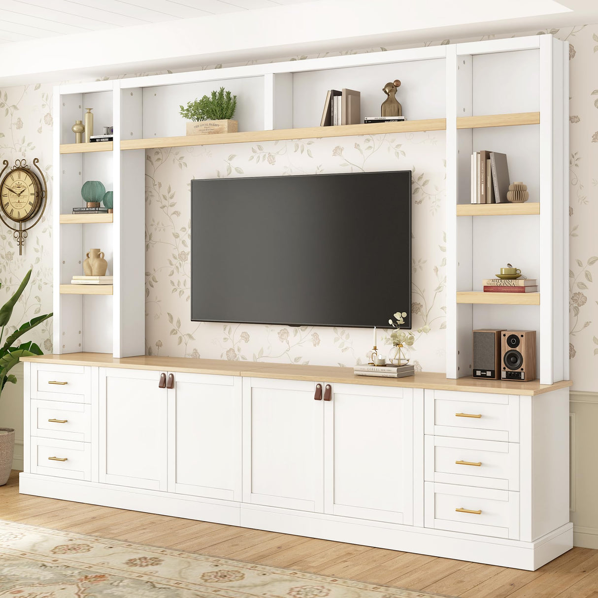 VilroCaz Modern 4-Piece Large TV Stand with Bookshelves for TVs Up to 75", TV Entertainment Center Wall Unit Media Center with Adjustable Shelves and 6 Drawers, TV Hutch for Living Room (White-8.17) VilroCaz