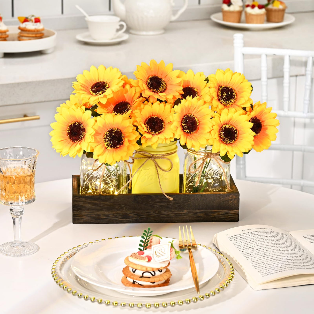 BLEUM CADE Centerpieces Table Decorations - 3Pcs Sunflowers Artificial Flowers in Mason Jars with Wood Tray, Dining Table Centerpiece Decor, Coffee Table Farmhouse Living Room Home Decorations BLEUM CADE