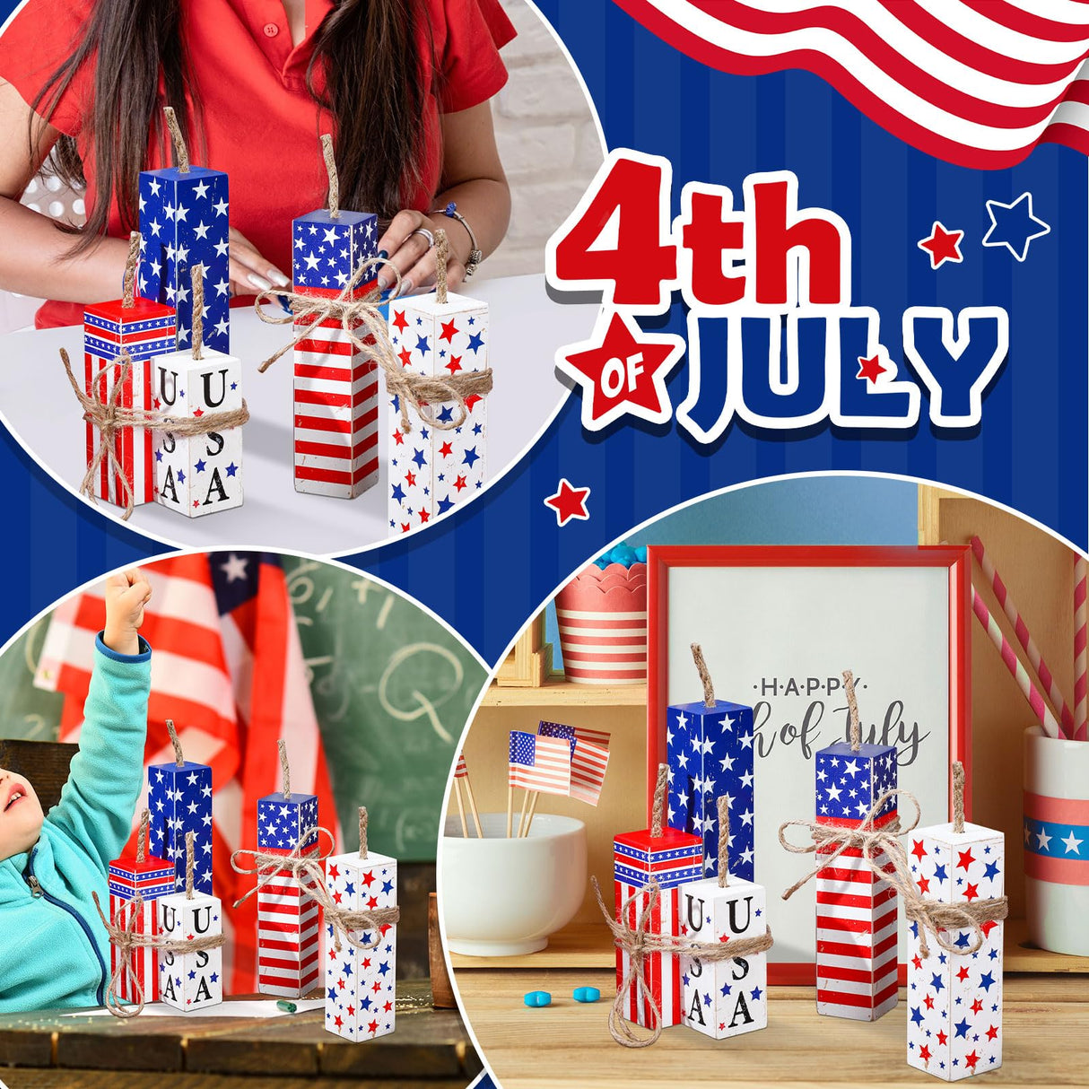 Weysat 5 Pcs 4th of July Tiered Tray Decor Wooden Rustic Patriotic Fireworks Centerpiece Wood Memorial Day Independence Day Red White and Blue Decorations for Farmhouse Home Table Decor Weysat