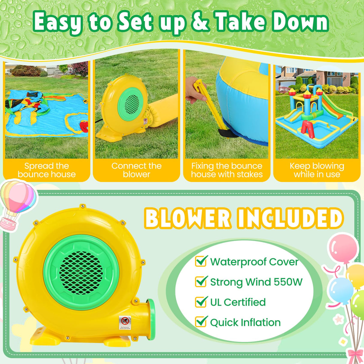 AKEYDIY Bounce House Water Slide for Kids 3-12, Rocket Blast Inflatable Bouncer with UL Blower, 13X12ft Bouncing Castle w/Long Slide, Blow Up Water Slides for Backyard Family Party -Gift for Kids AKEYDIY