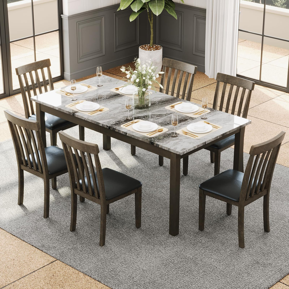 AMERLIFE 7-Piece Dining Table Set, 71" Faux Marble Modern Table with 6 PU Leather Upholstered Chairs, Heavy-Duty Solid Wood Set for Kitchen & Dining Room, Dark Brown AMERLIFE