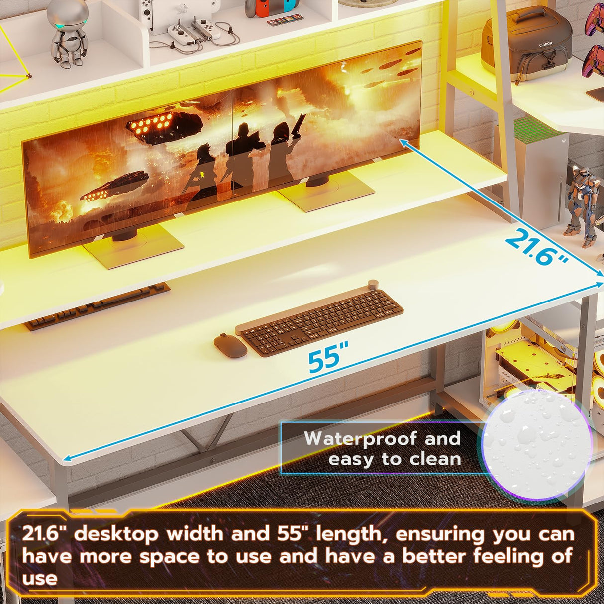 SEDETA White Gaming Desk 78.8'' with LED Lights, Hutch and Storage Shelves, Computer Desk with Monitor Stand, Large PC Gamer Desk Workstation, Ergonomic Gaming Table for Bedroom, Living Room SEDETA