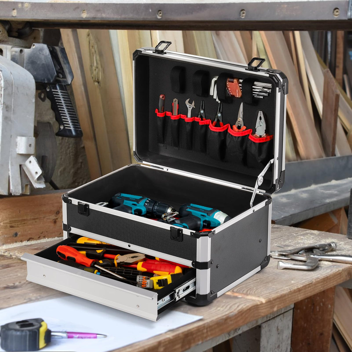 WRINGKIT Tool Box, Portable Tool Storage Box with Metal Lock, Aluminum Alloy Hard Craftsman Tool Organizer Case with Drawer for Office, Warehouse, Gym, School WRINGKIT